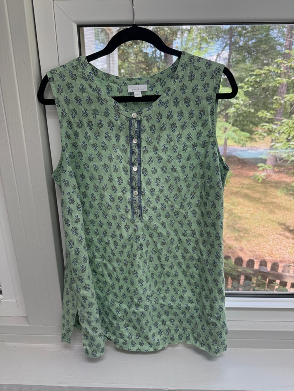 J. Jill Sleeveless Henley Tunic in Light Green & Blue 100% Linen Block Print XL